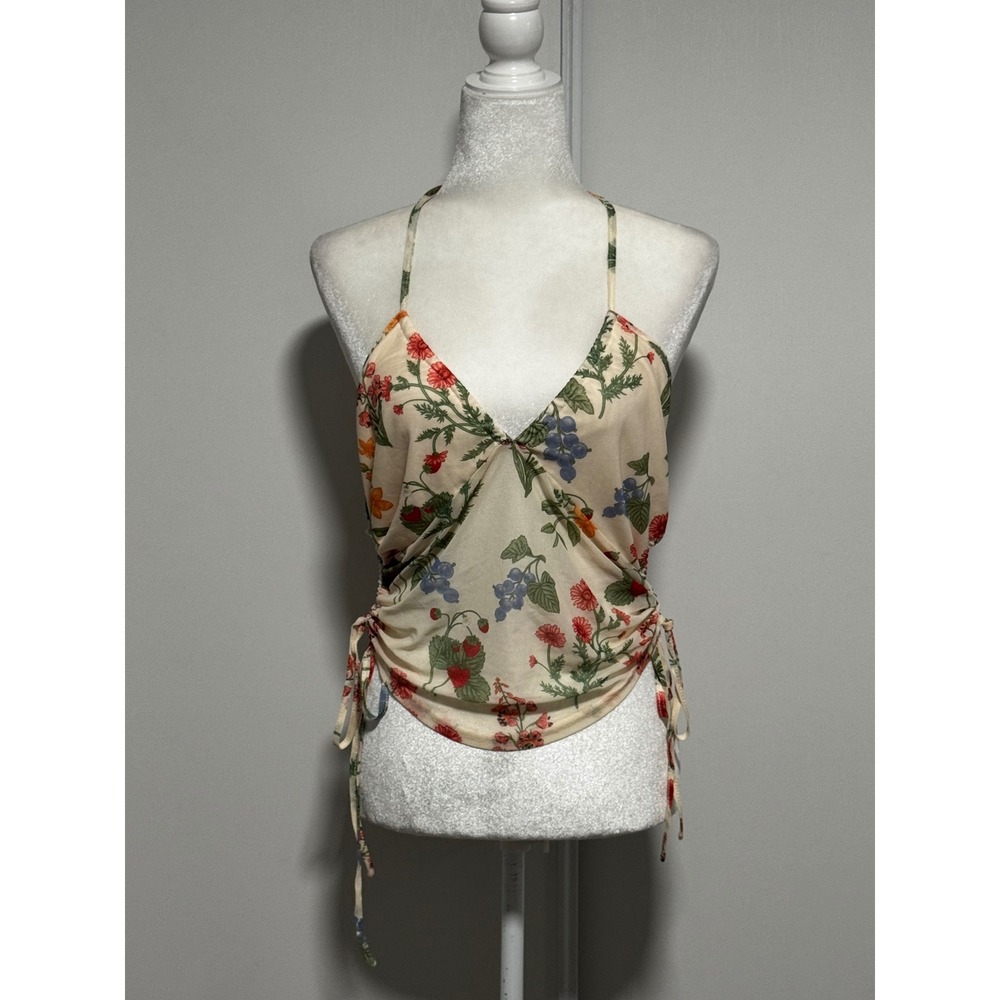 Cider Floral Mesh Halter Top Cream Strawberry Botanical Ruched Side Tie Large